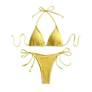 Women's String Bikini Set 2 Piece Triangle Halter Swimsuit Side Tie Textured L